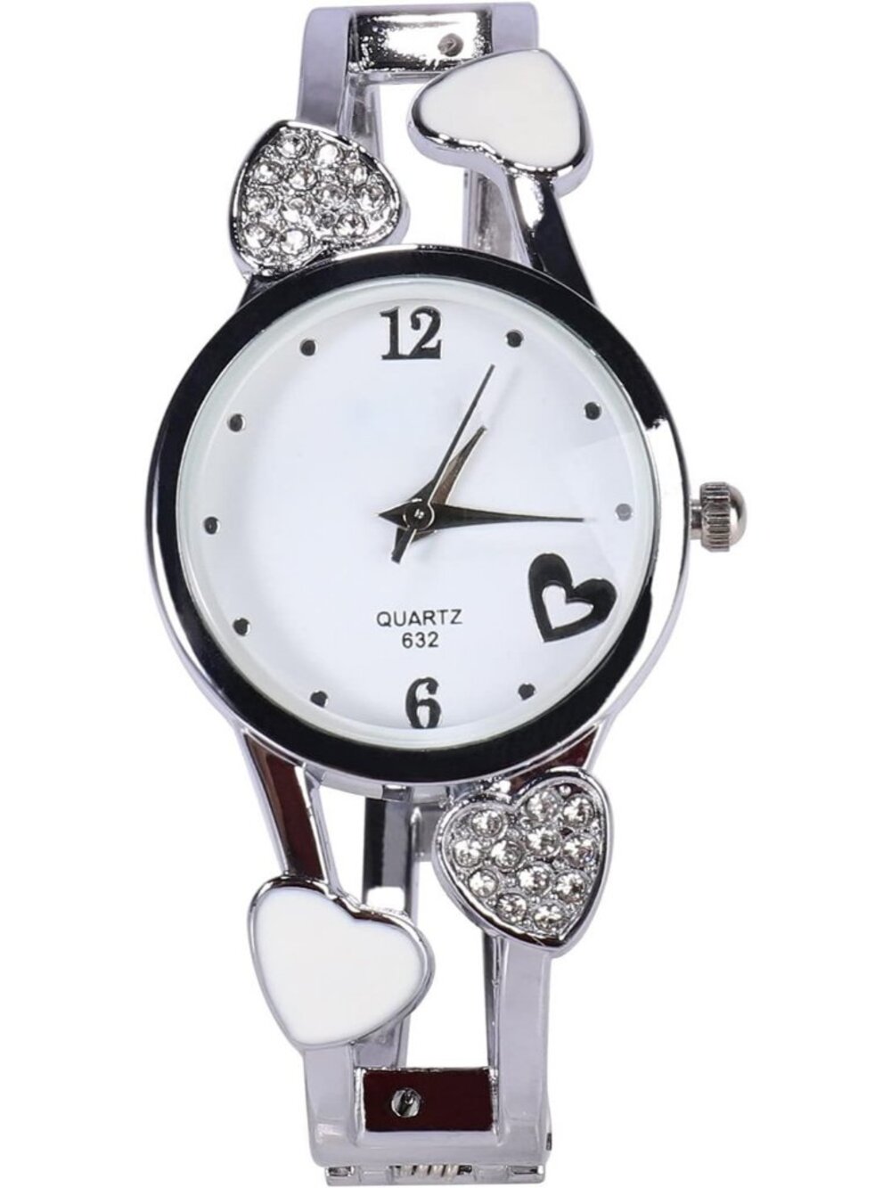 Women's Loving White Quartz Rhinestone Round Dial Stainless Steel Band Watches